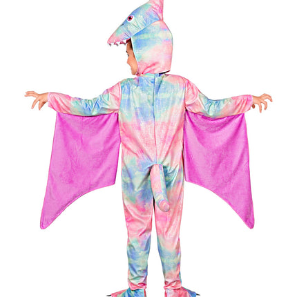Achterzijde pterodactyl jumpsuit meisjes met roze vleugels en gebogen staart op de rug