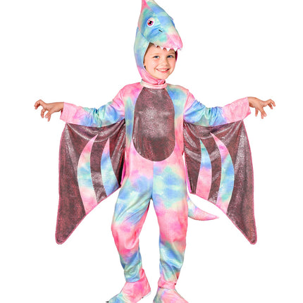 Pastelkleurige dino jumpsuit voor meisjes met gespreide vleugels en glanzende reptielenprint