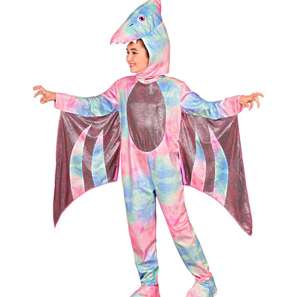 Pterodactyl jumpsuit voor meisjes zijaanzicht met puntige kopkam en voetovertrekken