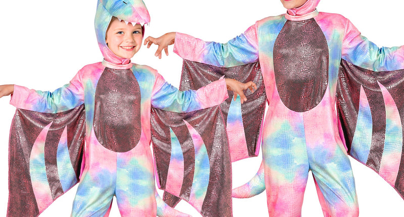 Pterodactyl jumpsuit voor meisjes in pastel met vleugels en dinokap, gedragen door twee kinderen