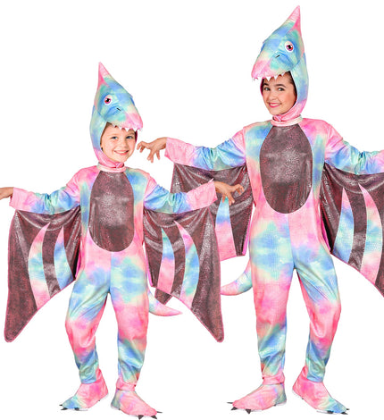 Pterodactyl jumpsuit voor meisjes in pastel met vleugels en dinokap, gedragen door twee kinderen