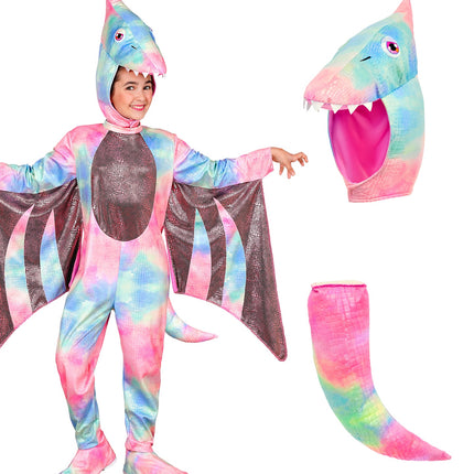 Pterodactyl jumpsuit meisjes met losse kap met dinokop en pastelkleurige staart erbij
