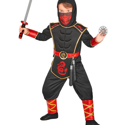 Ninja kostuum jongens vanaf de zijkant met rode manchetten en gouden drakengesp