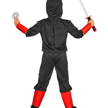 Achterkant ninja kostuum jongens met zwarte capuchon, broek en rode beenstukken