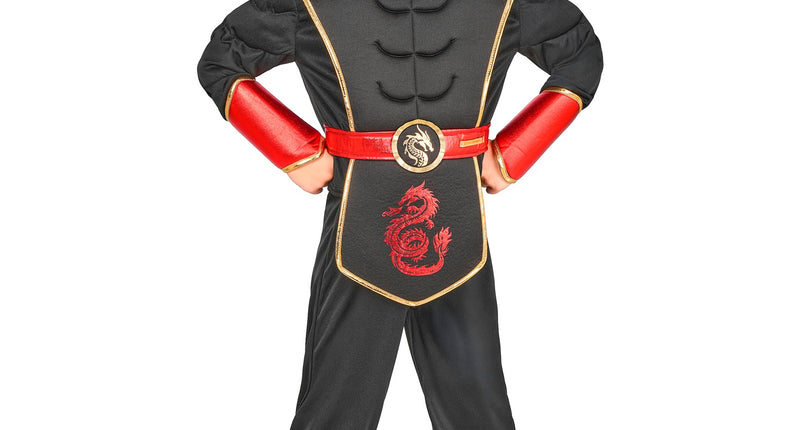 Ninja kostuum jongens zwart met rode draak, capuchon en gezichtsmasker voor verkleedfeest