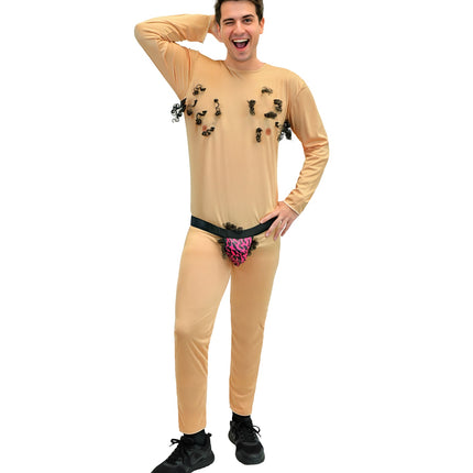 Huidkleurige stripper jumpsuit met roze luipaardprint slip, gedragen door een man op een vrijgezellenfeest