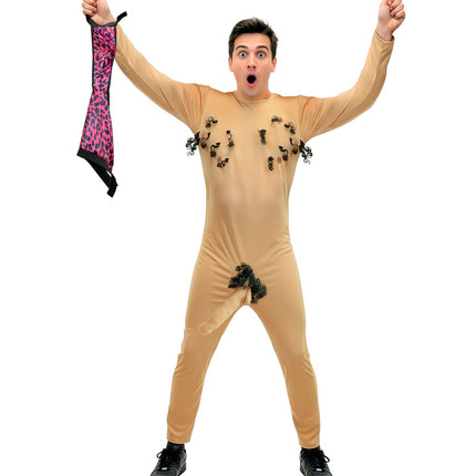 Stripper jumpsuit heren van voren met nepgeslachtsdeel en losgehouden roze luipaard underpants