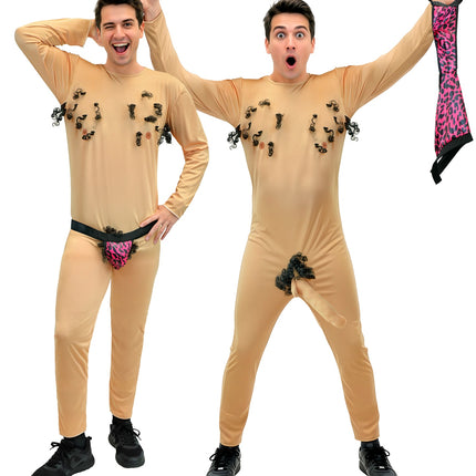 Stripper jumpsuit heren zijaanzicht met huidkleurige lange mouwen en zwarte elastische band van de slip