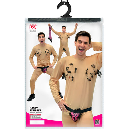 Verpakking van de gemene stripper jumpsuit met underpants voor heren, met maattabel S tot XXL