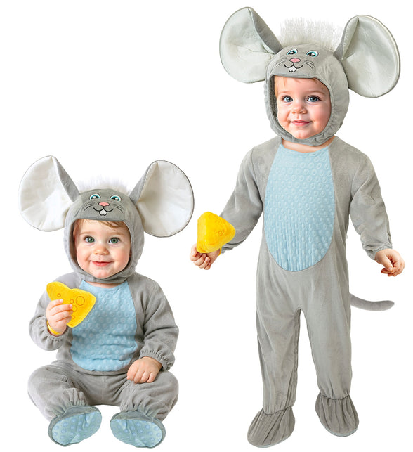 Muis jumpsuit kinderen in grijs met lichtblauwe buik, kap met muizenoren en geel kaasje