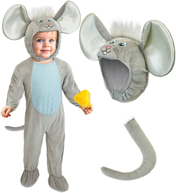 Muis jumpsuit kinderen met los gefotografeerde kap met grote oren en grijze staart