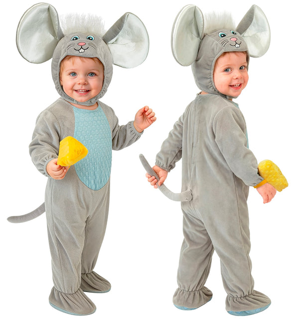 Muizenpakje kind voor- en achteraanzicht, grijze jumpsuit met kap, oren en staart