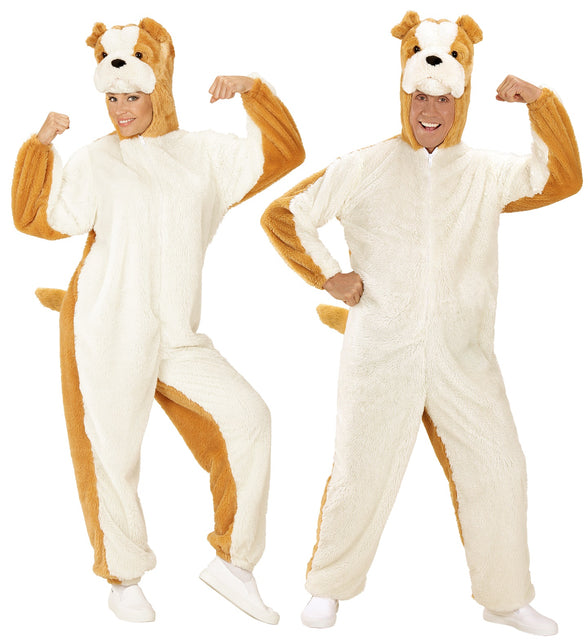 Pluche bulldog pak volwassenen, zachte hond onesie met kap vooraanzicht