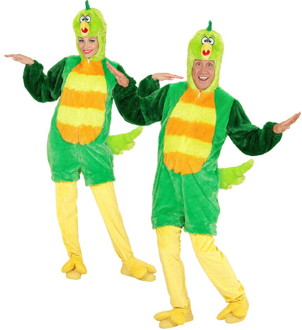 Groen vogelpak met masker voor dames en heren, pluche jumpsuit met oranjegele buik en staart