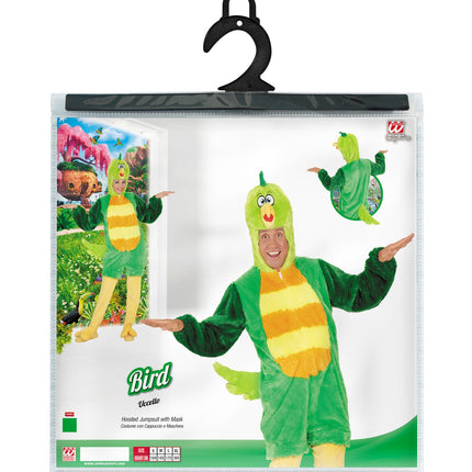 Verpakking groen vogelpak met masker van Widmann, jumpsuit met capuchon in maten M tot XL