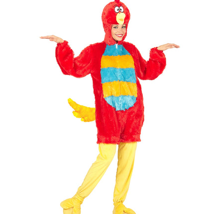 Rode vogel pluche kostuum achterkant, zachte dieren onesie met kap