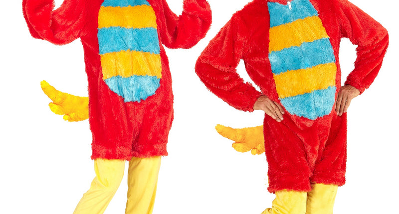 Rode vogel pluche pak volwassenen, zachte dieren onesie met kap vooraanzicht
