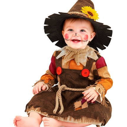 Vogelverschrikker jurkje voor baby met patchworkmouwen en strokraag, geschikt voor Halloween