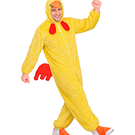 Kuiken in zacht pluche jumpsuit voor volwassenen zijaanzicht – verkleedkleding