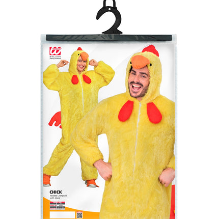 Kuiken in zacht pluche jumpsuit voor volwassenen sfeerbeeld – verkleedkleding