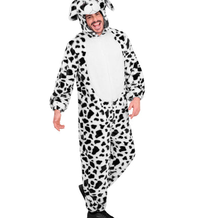 Dalmatier in zacht pluche jumpsuit voor volwassenen zijaanzicht – verkleedkleding