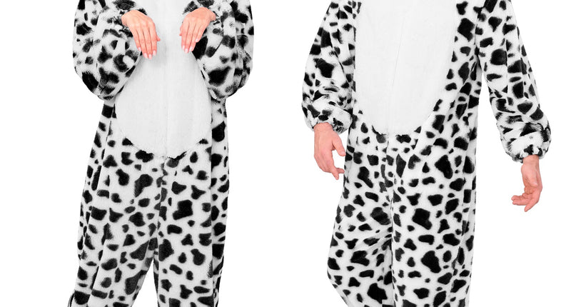 Dalmatier in zacht pluche jumpsuit voor volwassenen vooraanzicht – verkleedkleding