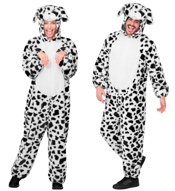 Dalmatier jumpsuit volwassenen in zwart-wit pluche, gedragen door dame en heer met hondencapuchon