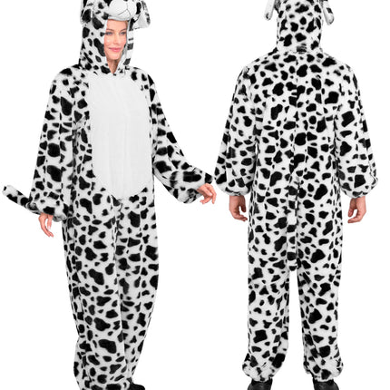 Dalmatier in zacht pluche jumpsuit voor volwassenen detailopname – verkleedkleding