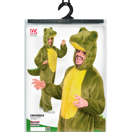 Krokodil in zacht pluche jumpsuit voor volwassenen close-up – verkleedkleding