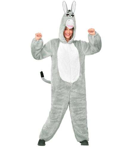 Grijze ezel jumpsuit dames met capuchon met ezelskop en witroze snuit