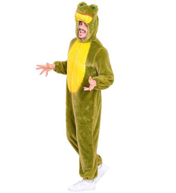 Groene kikker jumpsuit zijaanzicht met capuchon over het hoofd en gele bek naar voren