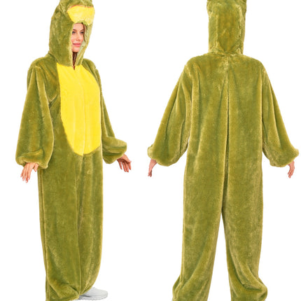 Kikker jumpsuit voor- en achterkant, effen groene pluche rug met kikkerkop op de capuchon