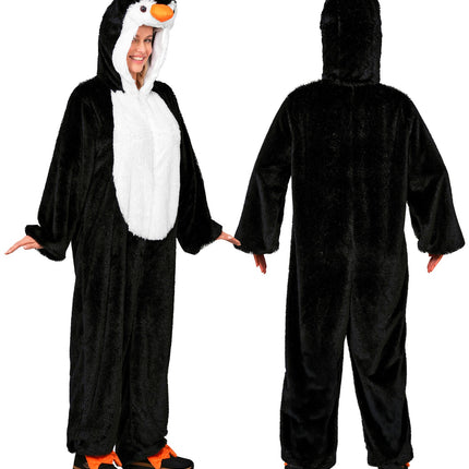 Pinguin pluche jumpsuit voor- en achterkant, volledig zwarte rug met capuchon