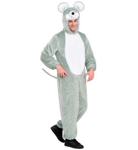 Muizenpak heren grijs pluche jumpsuit met rits en lange staart, zijaanzicht