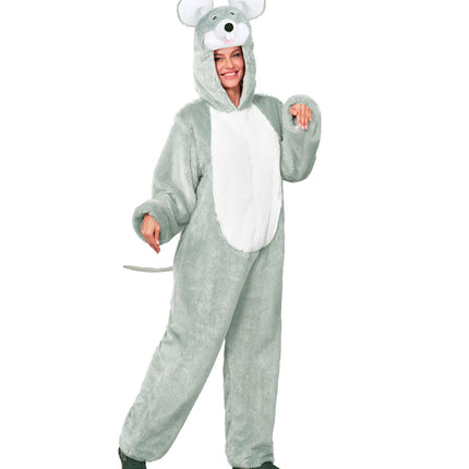 Muis in zacht pluche jumpsuit voor volwassenen achterkant – verkleedkleding