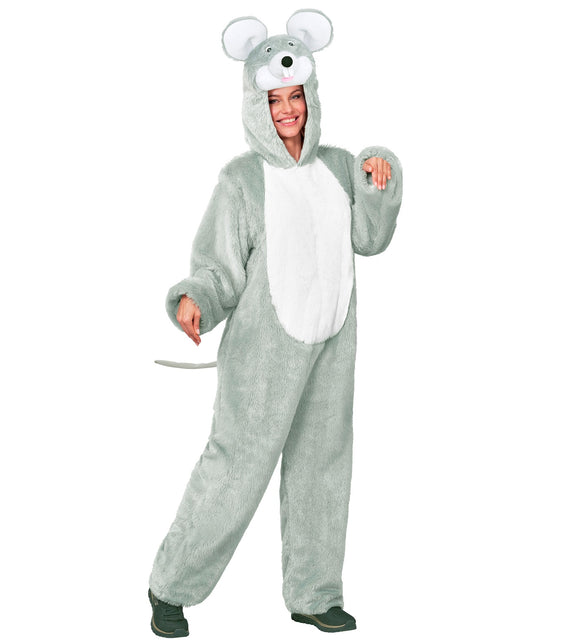 Muizenpak dames grijze pluche jumpsuit met witte ovale buikpartij en capuchon met muizenoren
