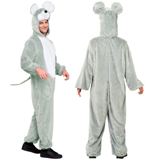 Muizenpak achterkant met grijze staart en capuchon met ronde muizenoren, pluche jumpsuit volwassenen