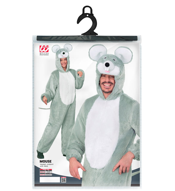 Verpakking van het muizenpak volwassenen met maten M, L en XL en capuchon met masker