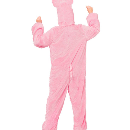Achterkant varkenspak roze pluche met krulstaart en capuchon met varkensoren