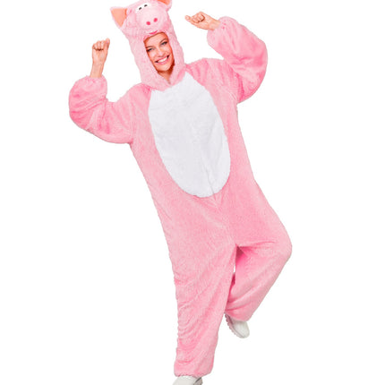 Varkenspak dames roze pluche jumpsuit met capuchon met oren en snuit