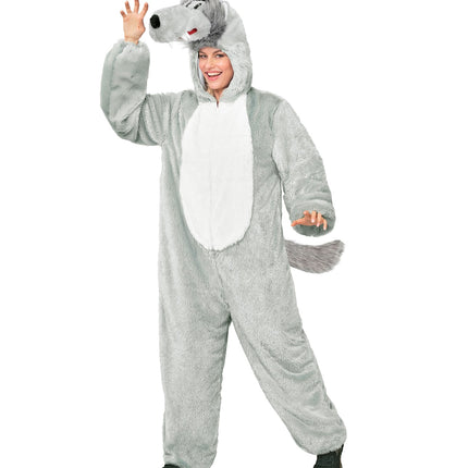 Wolf jumpsuit dames grijs pluche onesie met witte buikplaat en wolfskop op de capuchon