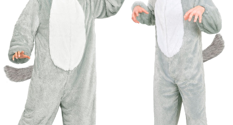 Wolf jumpsuit volwassenen in grijs pluche met witte buik, capuchon met wolfskop en staart, gedragen door dame en heer