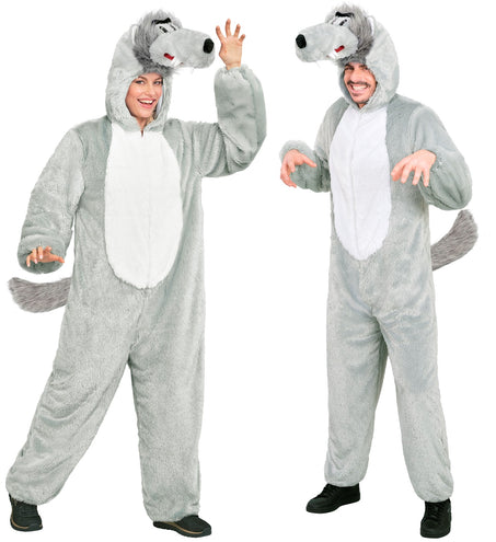 Wolf jumpsuit volwassenen in grijs pluche met witte buik, capuchon met wolfskop en staart, gedragen door dame en heer