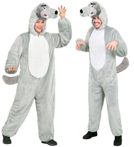 Wolf jumpsuit volwassenen in grijs pluche met witte buik, capuchon met wolfskop en staart, gedragen door dame en heer