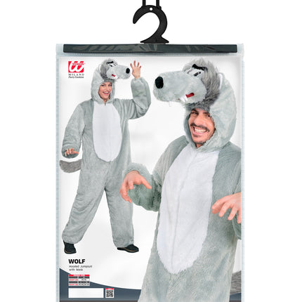 Wolf jumpsuit volwassenen in verpakking met maatoverzicht en masker, van Widmann