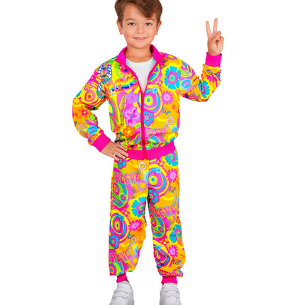 Neon hippie trainingspak jongen, jasje met roze boorden en broek met bloemenprint