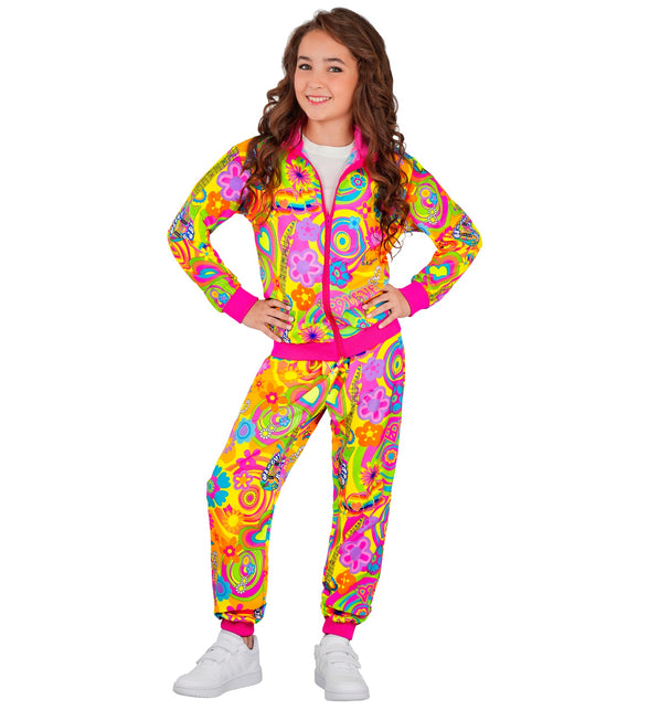 Hippie trainingspak meisje neon, geel-roze print met hartjes en gitaren