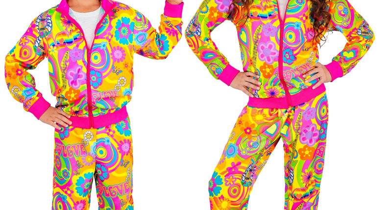 Hippie trainingspak kinderen in neon flowerpowerprint met roze rits, gedragen door jongen en meisje