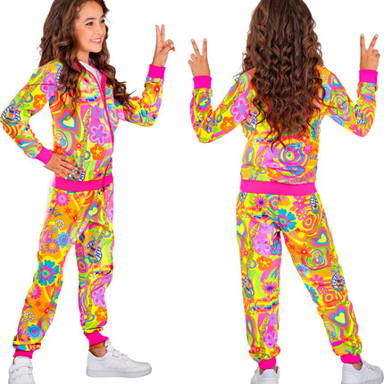 Hippie trainingspak kinderen zij- en achteraanzicht met doorlopende neonprint