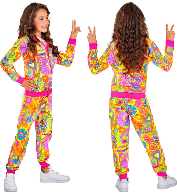 Hippie trainingspak kinderen zij- en achteraanzicht met doorlopende neonprint